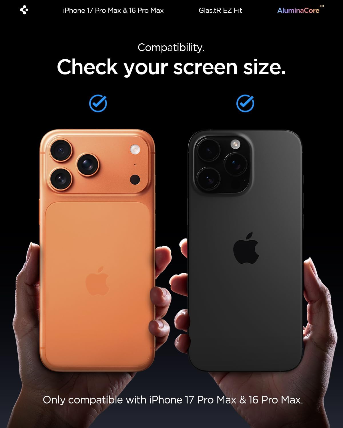 Spigen AluminaCore Tempered Glass Screen Protector [Glas.tR EZ Fit] designed for iPhone 17 Pro Max | iPhone 16 Pro Max [2 Pack] 9H+ Hardness